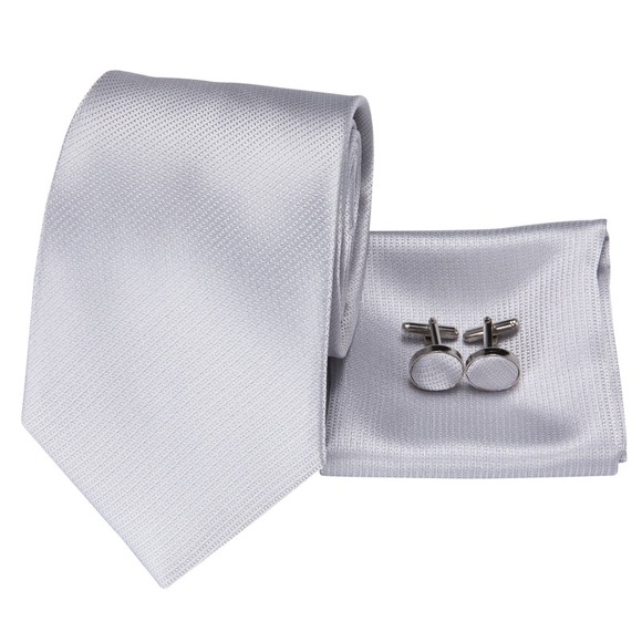 Hi-Tie Mens Grey Silver Tie Set with Pocket Square & Cufflinks - Picture 2 of 8